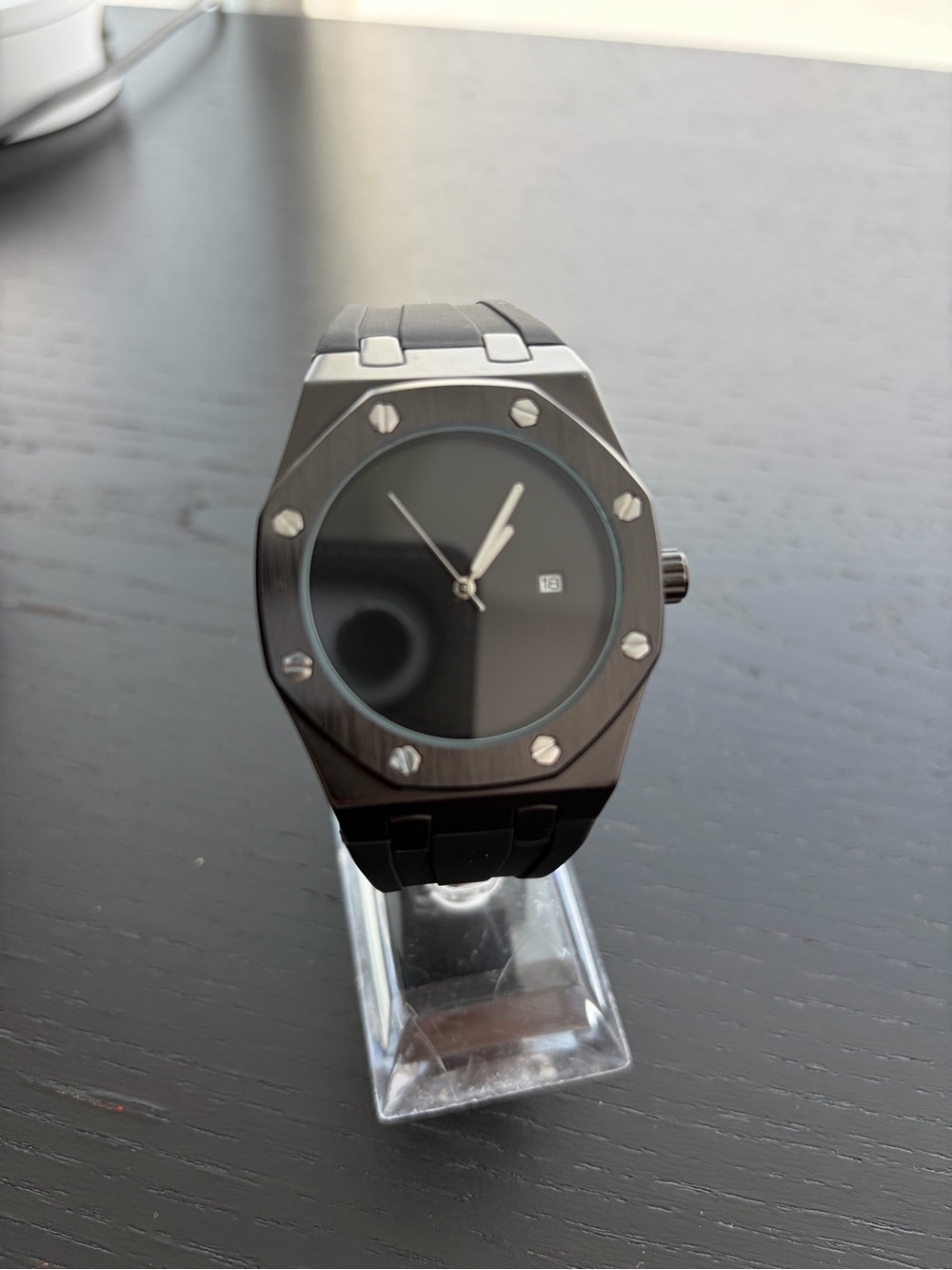 Minimalist Black Dial Royal Oak Style Watch with Rubber strap